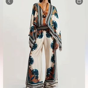 Palazzo  And Kimono Blouse Silky Printed  Set Size L